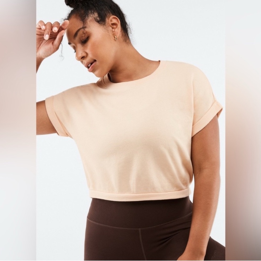 Fabletics Cassie Short Sleeve Sweatshirt, Warm Sand, Extra Large XL, Casual